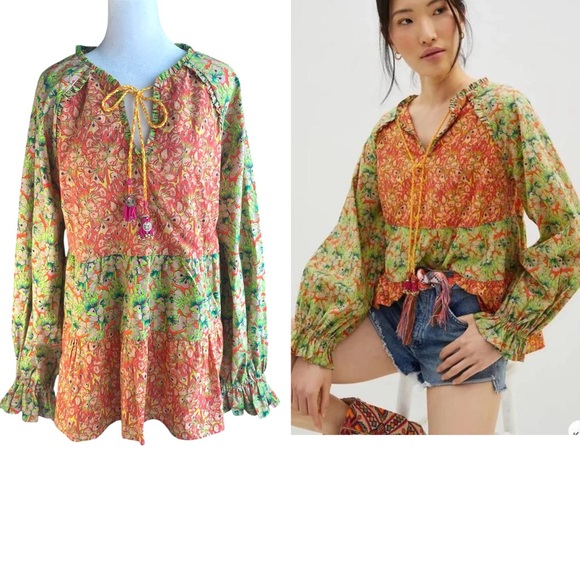 Anthropologie Roopa Pemmaraju Tassel Vivi Floral Top Orange Peasant Blouse XL - Picture 1 of 8